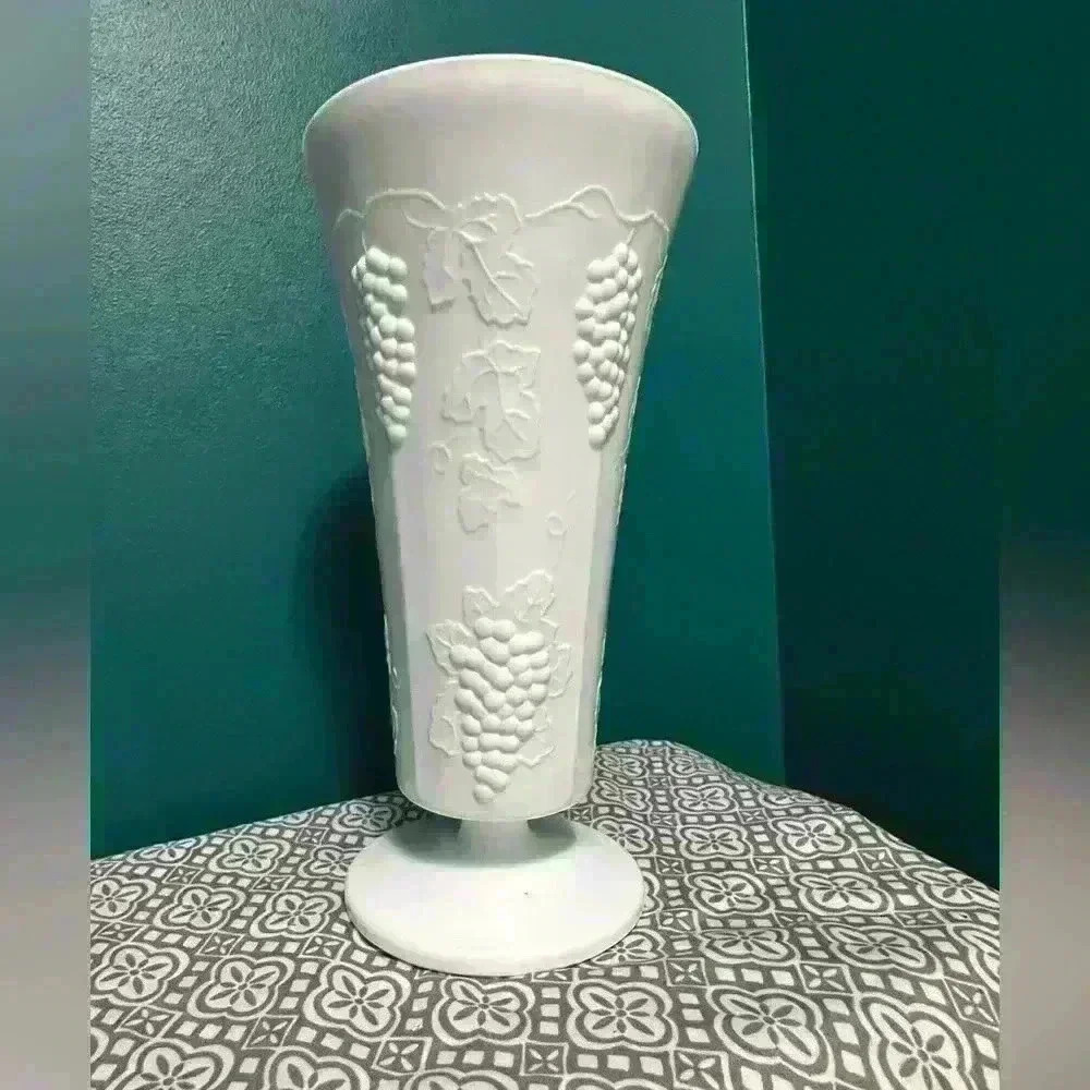 Vintage 50's Milk Glass White Grape pedestal Vase Mid Century 10in